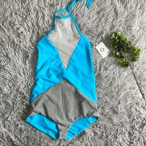 NWT khong boon blue and grey color block with mesh one piece bathing suit size S